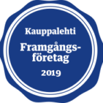 Blå rund märke med text Framgångsföretag 2019. 