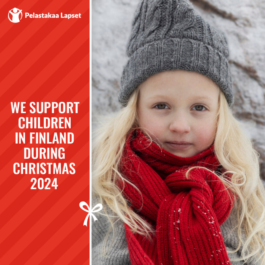 Pelastakaa Lapset Christmas picture with a young girl wearing a grey beanie.