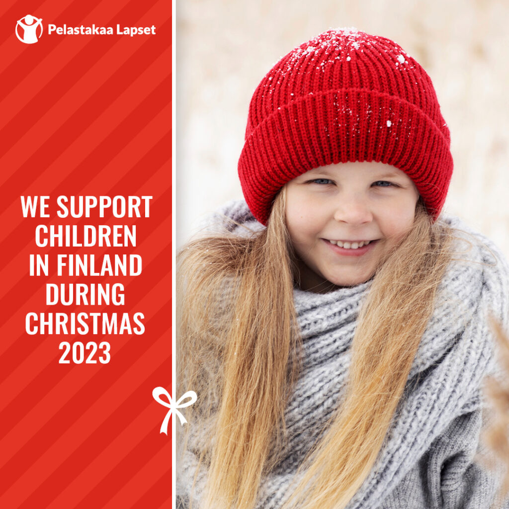 Pelastakaa Lapset Christmas picture with a young girl wearing a red beanie.